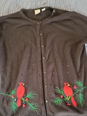 Holiday Cardigan Sweater with Red Cardinal Embroidery